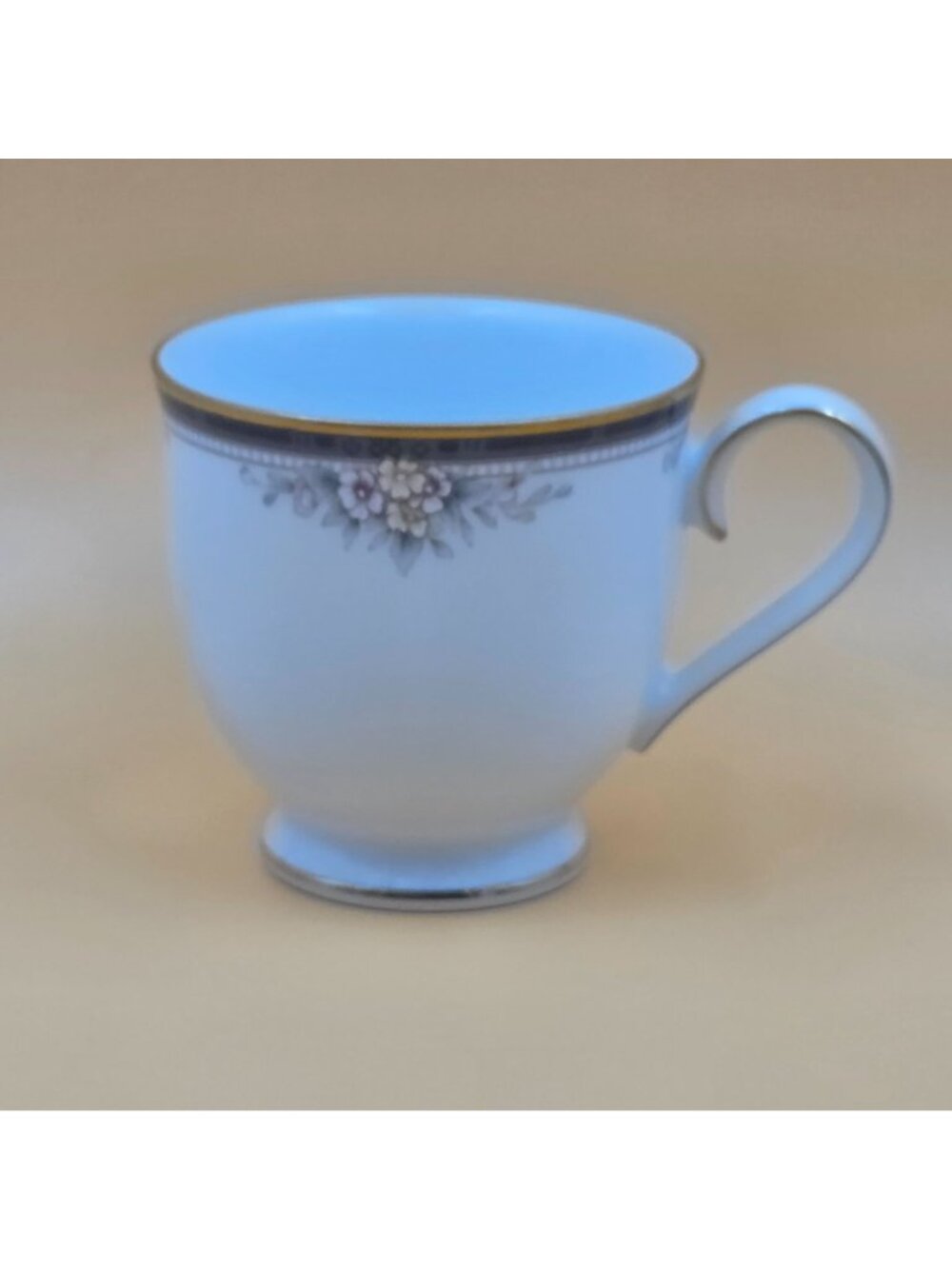 Noritake Ontario Set of 4 Footed Cup and Saucer Blue Gray Band White Pink Flower - Picture 11 of 16